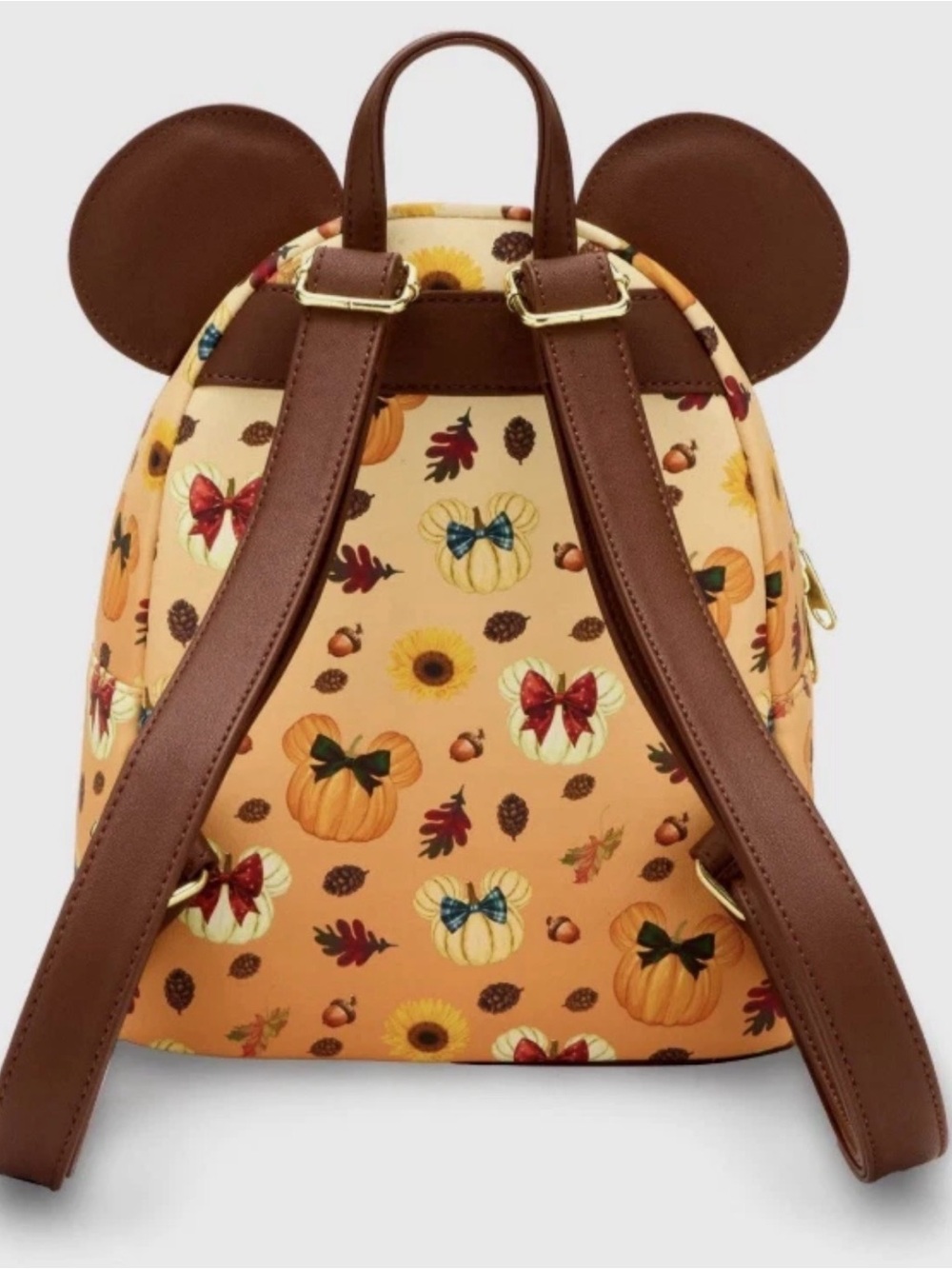 Loungefly Disney Pumpkin & Bow Print Mini Backpack With Brown Minnie Ears. NEW - Picture 3 of 4